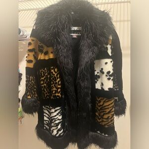 NEW Black White Brown coat faux fur cheetah leopard tiger fox vintage jacket QVC